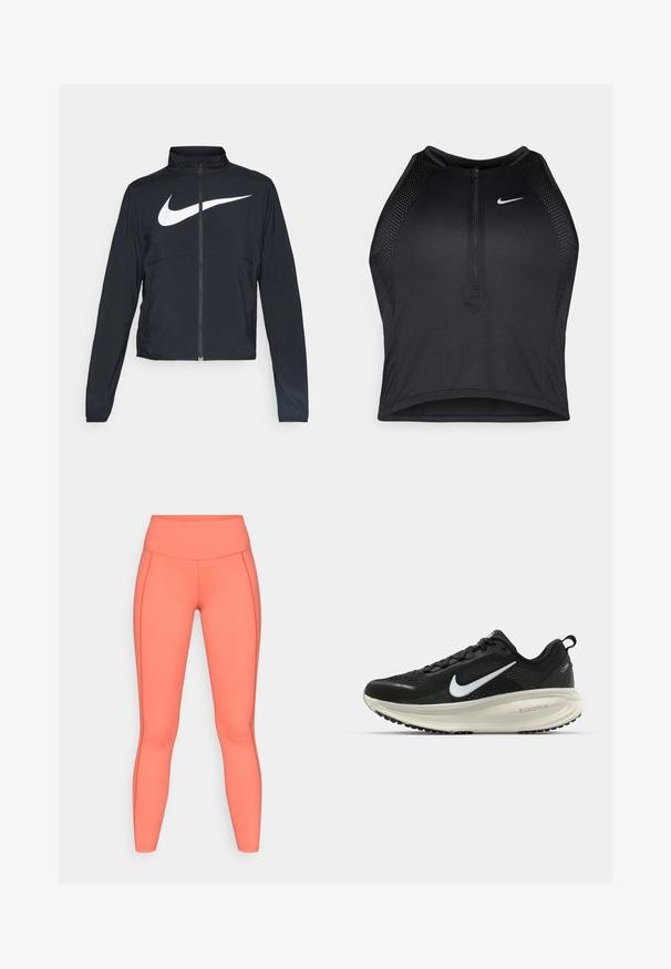 Sort fuld-zip sportsjakke med høj krave, lange ærmer og stort hvidt Nike swoosh-logo på brystet.; Sort sports crop top med lynlås foran, mesh-detaljer og en tætsiddende pasform. Lavet af strækbart, åndbart stof. Nike-logo på forsiden.; Koralfarvede leggings lavet af strækbart stof, med en høj talje og kontrasterende sidesømme. De har en glat tekstur og fuld længde dækning.; Sort Nike løbesko med åndbart mesh-overdel, hvidt swoosh-logo, tekstureret detaljering og en cremede ZoomX mellemsål.