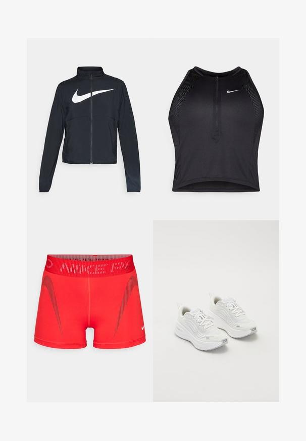 Veste de sport noire zippée sur toute la longueur avec un col haut, des manches longues et un grand logo Nike swoosh blanc sur la poitrine.; Crop top sportif noir avec fermeture éclair à l'avant, accents en mesh et design ajusté. Fabriqué en tissu extensible et respirant. Logo Nike à l'avant.; Shorts de sport rouges au design ajusté, avec une taille élastique et des accents en biais gris. Fabriqués à partir d'un tissu extensible et lisse.; Baskets de sport blanches avec une tige en maille texturée, une semelle rembourrée et de subtils accents gris. Comprend un logo et une languette en boucle au talon pour un enfilage facile.