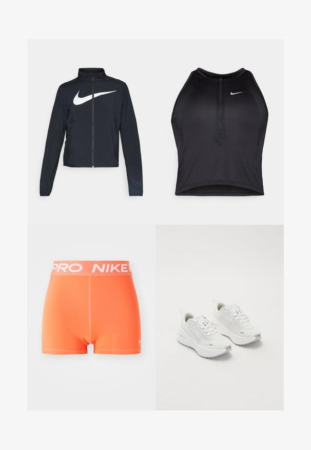 Melnā sporta jaka ar pilnu rāvējslēdzēju, augstu apkakli, garām piedurknēm un lielu baltu Nike swoosh logotipu krūšu daļā.; Melnā sportiskā augšdaļa ar rāvējslēdzēju priekšpusē, acs akcenti un pieguloša dizaina. Izgatavota no elastīga, elpojoša auduma. Nike logo priekšpusē.; Nike Pro šorti dzidri oranžā krāsā. Izgatavoti no gludas, elastīgas materiāla ar baltu logotipu un jostas lentu. Iezīmē minimālistisku dizainu.; Baltas sporta apavi ar teksturētu sieta augšdaļu, mīkstinātu zoli un smalkiem pelēkiem akcentiem. Iekļauj zīmolu un cilpu papēža cilpu vieglai uzvilkšanai.