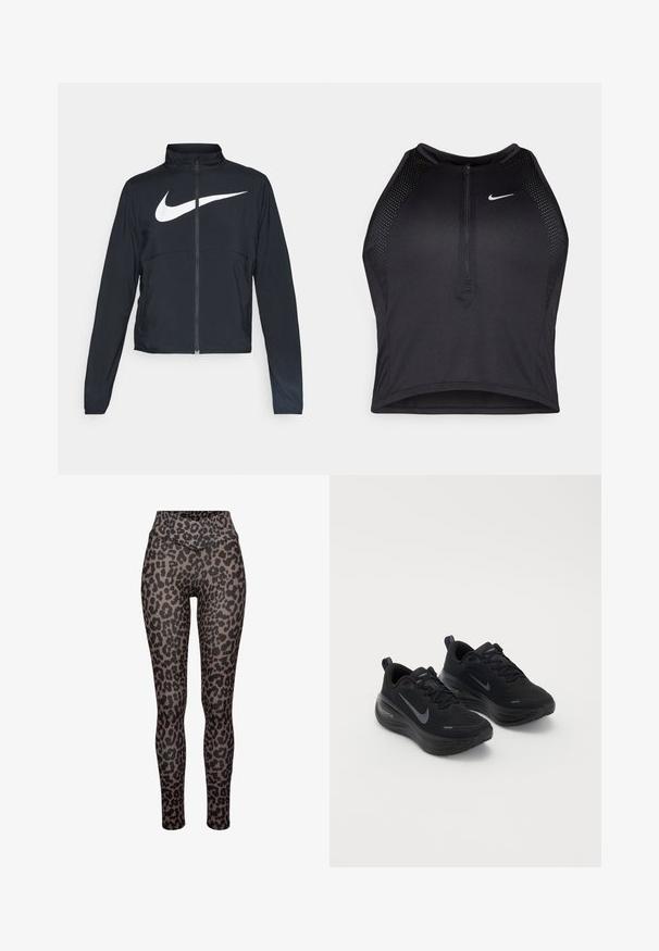 Črna športna jakna z polnim zadrgo, visokim ovratnikom, dolgimi rokavi in velikim belim logotipom Nike swoosh čez prsi.; Črn atletski kratki top z zadrgo spredaj, mrežastimi dodatki in prilegajočim dizajnom. Narejen iz raztegljivega, zračnega materiala. Logotip Nike spredaj.; Leggingi z leopardjim vzorcem, ki vključujejo visok pas, gladko teksturo in prilegajoč dizajn. Vzorci imajo različne velikosti temnih madežev na svetlo rjavi podlagi.; Črne športne čevlje z teksturirano zgornjico, zasnovo na vezalke in debelim, blaženim podplatom. Na vsaki strani se nahaja sivi Nike logo.