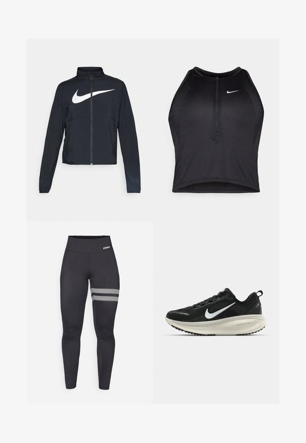 Casaco desportivo preto com fecho éclair completo, gola alta, mangas longas e grande logótipo branco da Nike na parte frontal.; Top cropped atlético preto com fecho à frente, acentos em malha e um design ajustado. Feito de tecido elástico e respirável. Logótipo da Nike na frente.; Leggings atléticos de cintura alta pretos com duas riscas diagonais brancas na coxa direita e pequeno logotipo "STRONGER" na cintura.; Sapatilha de corrida Nike preta com parte superior de malha respirável, logotipo Swoosh branco, detalhes texturizados e uma entressola ZoomX na cor creme.