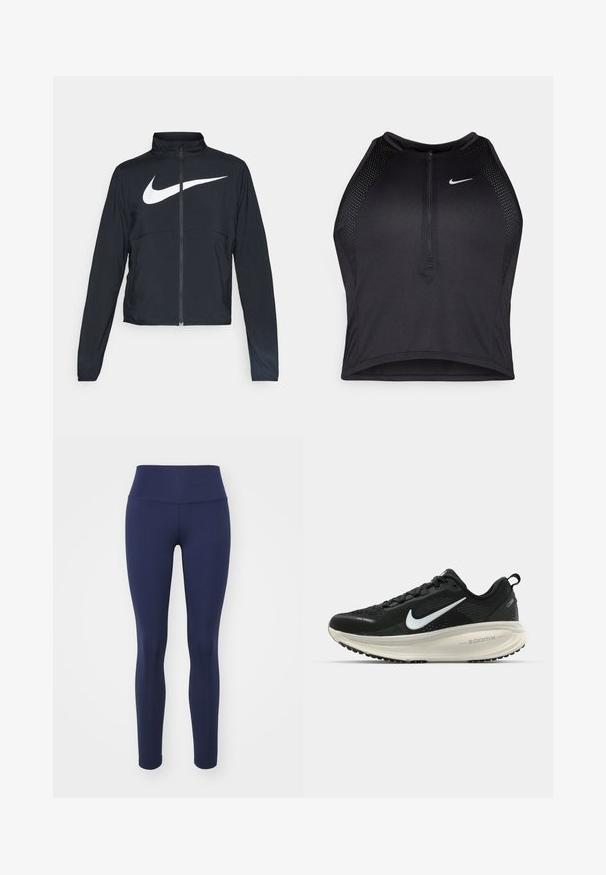 Melnā sporta jaka ar pilnu rāvējslēdzēju, augstu apkakli, garām piedurknēm un lielu baltu Nike swoosh logotipu krūšu daļā.; Melnā sportiskā augšdaļa ar rāvējslēdzēju priekšpusē, acs akcenti un pieguloša dizaina. Izgatavota no elastīga, elpojoša auduma. Nike logo priekšpusē.; Tumši zili legingi, kas izgatavoti no elastīga auduma, ar augstu jostasvietu un gludu, bezsadalījuma dizainu, bez redzamām rakstu vai detaļu iespējām.; Melnas Nike skriešanas kurpes ar elpojošu acs augšdaļu, baltu Swoosh logotipu, strukturētu apdari un krēmkrāsas ZoomX starpsole.