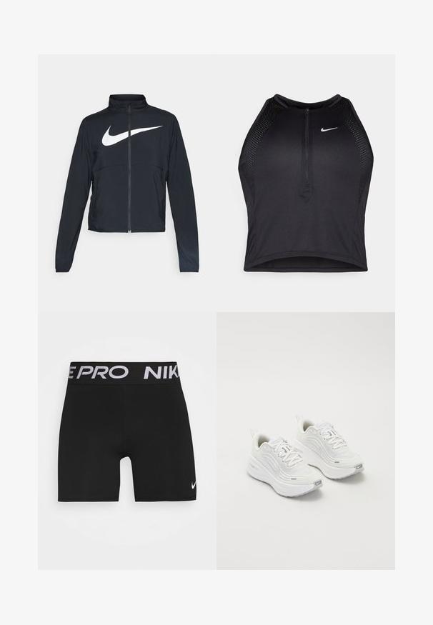 Crna sportska jakna s punim patentnim zatvaračem, visokim ovratnikom, dugim rukavima i velikim bijelim Nike swoosh logom preko grudi.; Crni sportski crop top s patentnim zatvaračem, mrežastim detaljima i prilagođenim dizajnom. Izrađen od rastezljivog, prozračnog materijala. Nike logo na prednjoj strani.; Crne atletske kratke hlače sa širokim crnim pojasom na kojem piše "NIKE PRO" bijelim slovima. Uključuju mali bijeli Nike Swoosh logo na nozi.; Bijele sportske tenisice s teksturiranim mrežastim gornjim dijelom, podstavljenom potplatom i suptilnim sivim naglascima. Uključuju brendiranje i petlju na peti za lakše obuvanje.