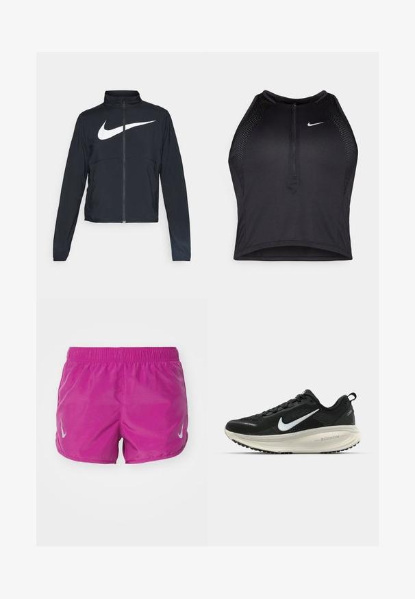 Melnā sporta jaka ar pilnu rāvējslēdzēju, augstu apkakli, garām piedurknēm un lielu baltu Nike swoosh logotipu krūšu daļā.; Melnā sportiskā augšdaļa ar rāvējslēdzēju priekšpusē, acs akcenti un pieguloša dizaina. Izgatavota no elastīga, elpojoša auduma. Nike logo priekšpusē.; Nike Performance FAST TEMPO SHORT - Sporta šorti - hot fuchsia/silver; Melnas Nike skriešanas kurpes ar elpojošu acs augšdaļu, baltu Swoosh logotipu, strukturētu apdari un krēmkrāsas ZoomX starpsole.