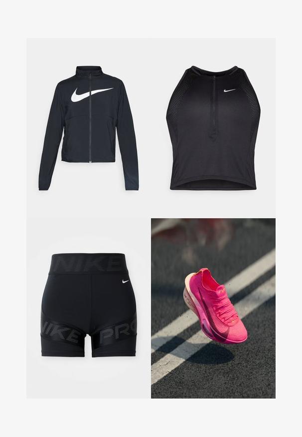 Black full-zip sports jacket with high collar, long sleeves, and large white Nike swoosh logo across the chest.; Black athletic crop top with a zip-front, mesh accents, and a fitted design. Made from stretchy, breathable fabric. Nike logo on front.; Black athletic shorts featuring a wide waistband with "NIKE" logo, smooth texture, and reflective accents on the sides.; Sport shoe in bright pink knitted material with textured surface, mesh upper, and a white midsole. Features a swoosh logo in dark pink.