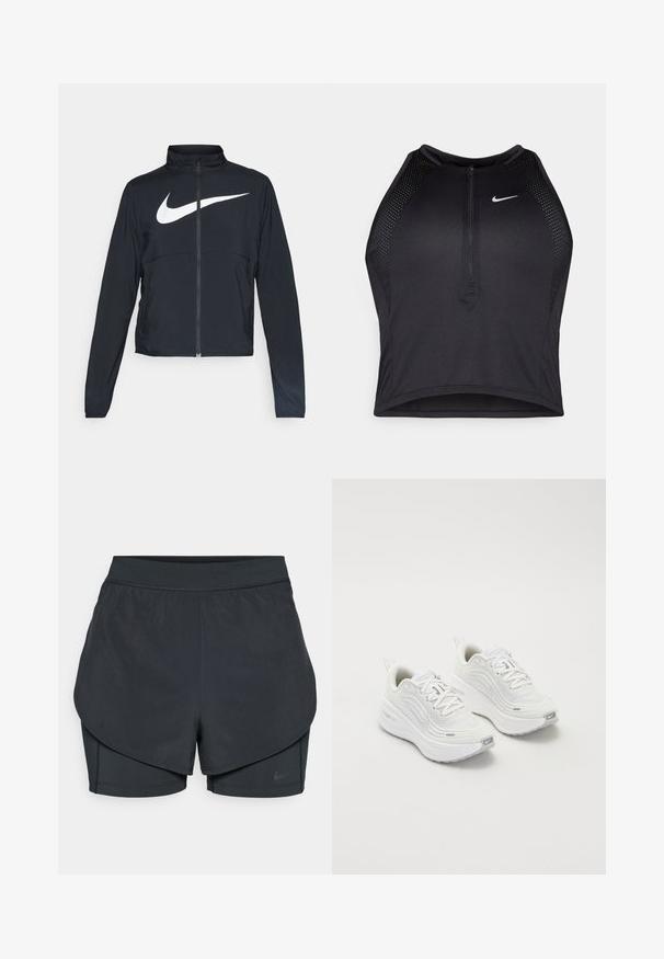 Svart joggebund med hel glidelås, høy krage, lange ermer og stort hvitt Nike swoosh-logo over brystet.; Svart idretts crop top med glidelås foran, mesh-detaljer og en figurvennlig design. Laget av elastisk, pustende materiale. Nike-logo på forsiden.; Svart idrettsshorts med lagdelt design, som har et glatt ytre lag og tettsittende indre shorts. Laget av lett, elastisk stoff.; Hvite joggesko med et teksturert mesh-overdel, polstret såle og subtile grå aksenter. Inkluderer merkevare og løkke på hælen for enkel påkledning.