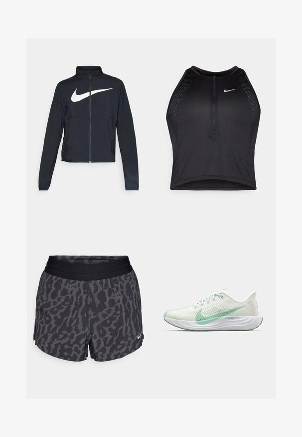 Fekete, teljes cipzáros sportdzseki magas gallérral, hosszú ujjal, amelyen egy nagy, fehér Nike logó található a mellkason.; Fekete sportos crop top, elöl cipzárral, hálós kiegészítőkkel és testhez álló kialakítással. Rugalmas, lélegző anyagból készült. Nike logó elöl.; Fekete és szürke leopárdmintás rövidnadrág széles elasztikus derékkal, diszkrét fényes felülettel és egy kis fehér Nike logóval az alsó jobb oldalon.; Könnyű futócipő fehér hálós felsőrésszel és mentazöld kiegészítőkkel, párnázott talppal és áramvonalas kialakítással. Látható a ZoomX technológia.