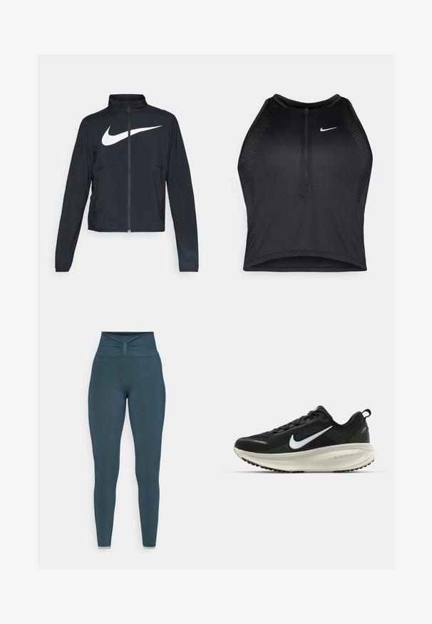 Must musta täispikk vary hoodie kõrge krae, pikad varrukad ja suur valge Nike swooshi logo rinnal.; Must negra spordiline crop top, millel on lukk ees, võrgukangast detailid ja vormiv disain. Valmistatud venivast ja hingavast kangast. Nike logo ees.; Kõrge vöökohaga säärekomplekt tumedas tealisinises värvitoonis, millel on rüüsitud detail vööl ja sile tekstuur jalgades. Ilma mustrite ja aktsentideta.; Musthave mustus Nike jooksujalats, millel on hingav võrgust ülemine osa, valge swoosh logo, tekstuuriga detailid ja kreemja värvusega ZoomX vahevöö.