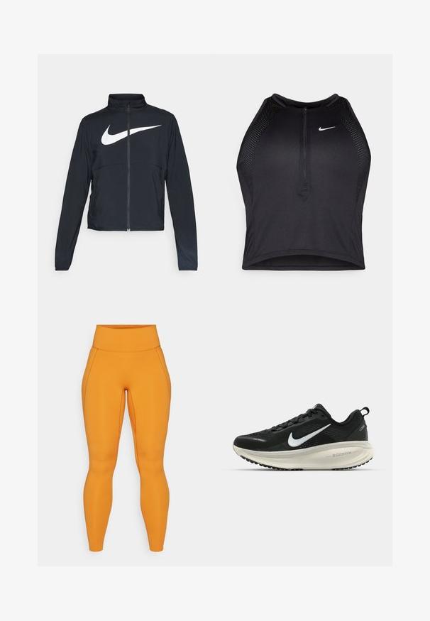 Jachetă sport neagră cu fermoar pe toată lungimea, guler înalt, mâneci lungi și un logo mare alb Nike swoosh pe piept.; Top sportiv black, cu croială scurtă, cu fermoar în față, accente din plasă și un design ajustat. Fabricat dintr-un material elastic și respirabil. Logo-ul Nike pe față.; Leggings portocalii cu talie înaltă, realizate dintr-un material neted și elastic, având detalii cu cusături pe lateral pentru un plus de design.; Pantofii de alergare negri de la Nike, cu parte superioară din plasă respirabilă, logo-ul alb Swoosh, detalii texturate și o talpă intermediară ZoomX de culoare crem.