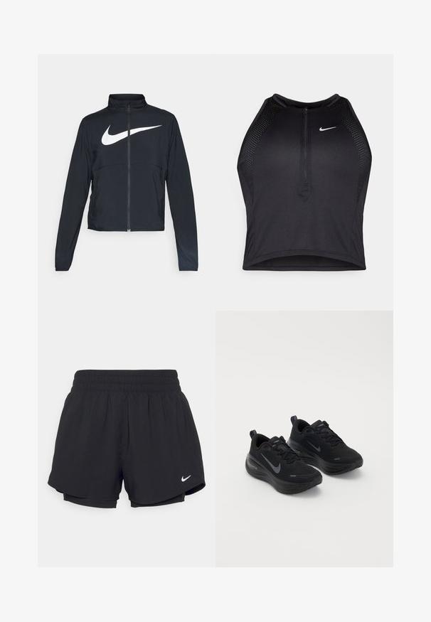 Musta urheilutakki, jossa on täysivetoketju, korkea kaulus, pitkät hihat ja suuri valkoinen Nike-tikkauksella rintaosa.; Musta urheilullinen crop-top, jossa on vetoketjukiinnitys, verkkokankaiset yksityiskohdat ja istuva malli. Valmistettu joustavasta ja hengittävästä kankaasta. Nike-logo edessä.; Mustat urheilushortsit, joissa on kootut joustovyötärö, vuori ja valkoinen Nike-logo vasemmassa alakulmassa. Suoraviivainen, kevyt kangas.; Mustat urheilukengät, joissa on teksturoitu yläosa, nauhakiinnitys ja paksu, pehmustettu pohja. Molemmin puolin on harmaa Nike-logo.