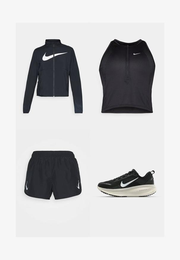 Zwarte sportjas met volledige rits, hoge kraag, lange mouwen en groot wit Nike swoosh-logo op de borst.; Zwarte atletische crop top met een rits aan de voorkant, mesh accenten en een aansluitend ontwerp. Gemaakt van rekbare, ademende stof. Nike-logo aan de voorkant.; Zwarte sportshorts met een elastische tailleband, met een wit logo aan de linkerzijde. Gemaakt van lichte, gladde stof.; Zwarte Nike hardloopschoen met ademend mesh bovenwerk, witte swoosh-logo, gestructureerde details en een crèmekleurige ZoomX middenzool.