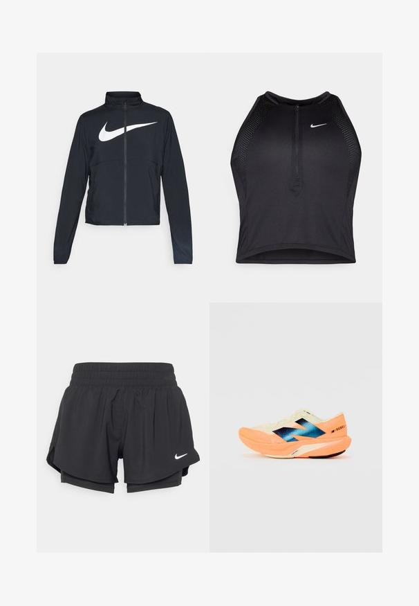 Juodas sportinis džemperis su visiškai užtraukiama užtrauktuku, aukšta apykakle, ilgomis rankovėmis ir dideliu baltu Nike swoosh logotipu per krūtinę.; Juodas sportinis trumpas viršus su užtrauktuku priekyje, tinklinėmis detalėmis ir prigludusia forma. Pagamintas iš tamprios, kvėpuojančios medžiagos. Nike logotipas priekyje.; Juodi sportiniai šortai su elastinga juosmena, vidiniu pamušalu ir šoninėmis skeltukais. Kairėje priekyje yra balta Nike logotipo detalė.; Bėgimo bateliai su lengvu kreminiu viršumi, mėlynu ženklinimu ir oranžiniais akcentais ant pado. Tinklelis, užtikrinantis kvėpavimą.