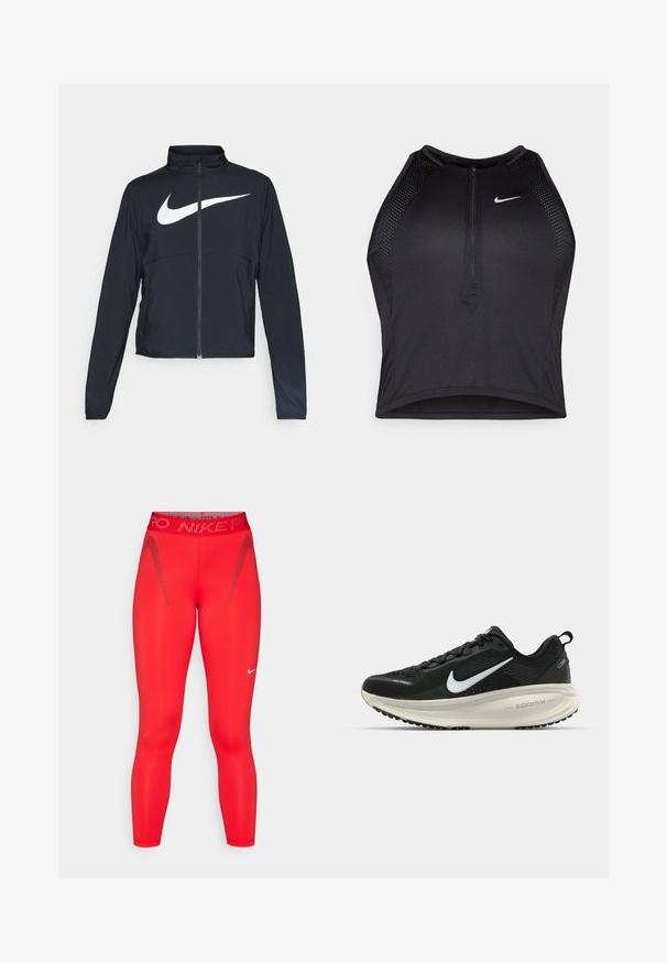 Giacca sportiva nera con zip completa, colletto alto, maniche lunghe e grande logo swoosh bianco Nike sul petto.; Top corto atletico nero con zip frontale, dettagli in rete e un design aderente. Realizzato in tessuto elasticizzato e traspirante. Logo Nike sul davanti.; Leggings atletici rossi realizzati in tessuto elastico. Presentano un'alta vita, accenti riflettenti e il logo Nike sulla parte bassa della gamba.; Scarpa da corsa nera Nike con tomaia in rete traspirante, logo Swoosh bianco, dettagli testurizzati e intersuola ZoomX di colore crema.