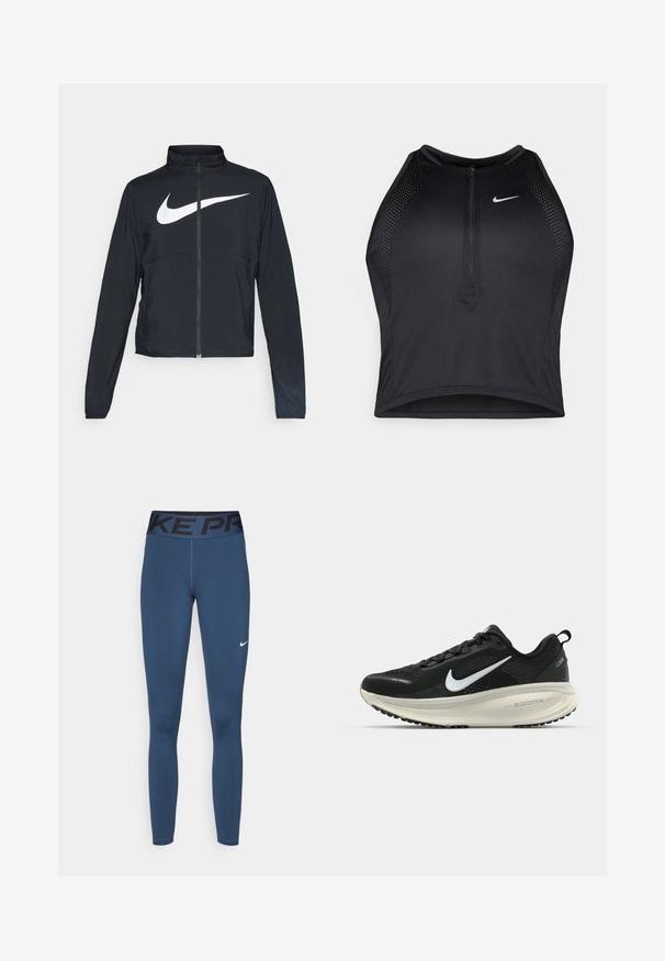 Černá sportovní bunda na zip s vysokým límcem, dlouhými rukávy a velkým bílým logem Nike swoosh přes prsa.; Černý sportovní crop top se zipem vpředu, síťovými detaily a přiléhavým střihem. Vyrobený z elastického, prodyšného materiálu. Logo Nike na přední straně.; Námořnické legíny vyrobené z elastického materiálu, s černým páskem s nápisem "NIKE PRO" a malým bílým logem Nike na noze.; Černá běžecká obuv Nike s prodyšným síťovaným svrškem, bílým logem swoosh, texturovanými detaily a krémovou mezipodešví ZoomX.