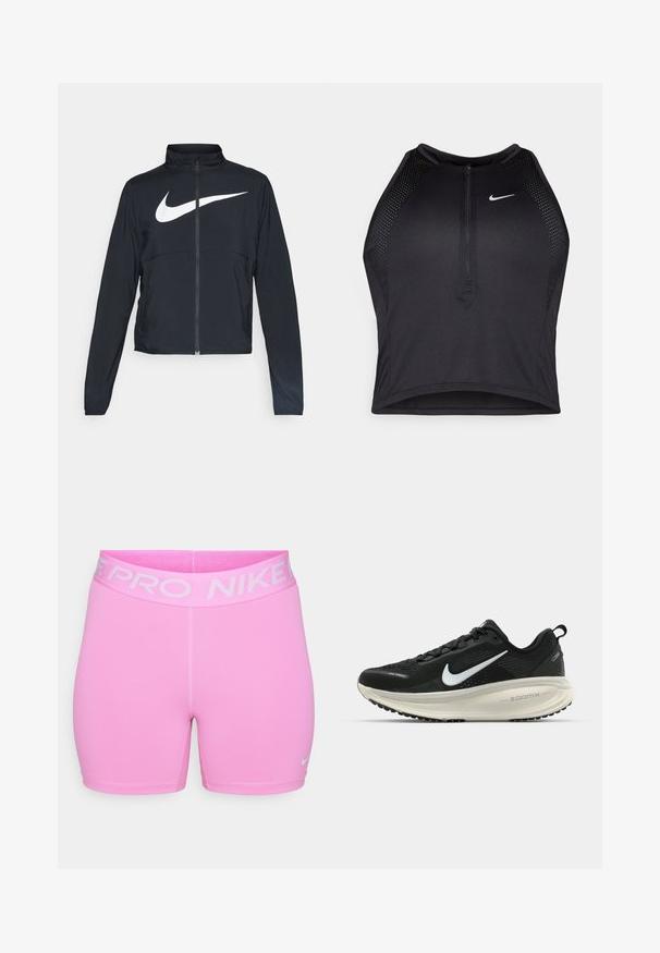 Črna športna jakna z polnim zadrgo, visokim ovratnikom, dolgimi rokavi in velikim belim logotipom Nike swoosh čez prsi.; Črn atletski kratki top z zadrgo spredaj, mrežastimi dodatki in prilegajočim dizajnom. Narejen iz raztegljivega, zračnega materiala. Logotip Nike spredaj.; Nike Pro kratke hlače v svetlo roza barvi, narejene iz gladkega sintetičnega materiala. Imajo širok pas z logotipom in ozek kroj, s kontrastnimi šivi.; Črne Nike tekaške čevlje z zračno mrežno zgornjim delom, belim logotipom Swoosh, teksturiranimi detajli in smetanasto barvnim srednjim delom ZoomX.