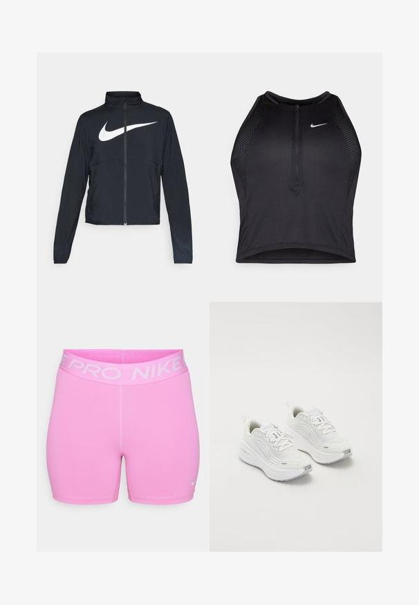 Čierna športová bunda na zips s vysokým golierom, dlhými rukávmi a veľkým bielym logom Nike na hrudi.; Čierny športový crop top so zipsom vpredu, sieťovými prvkami a priliehavým strihom. Vyrobený z pružného, priedušného materiálu. Logo Nike na prednej strane.; Nike Pro šortky v jasne ružovej farbe, vyrobené z hladkého syntetického materiálu. Majú široký pás so logom a úzky strih, s kontrastným prešívaním.; Biele športové topánky s textúrovaným sieťovým zvrškom, polstrovanou podrážkou a jemnými šedými akcentmi. Obsahujú branding a slučkovú pätku pre jednoduché obúvanie.