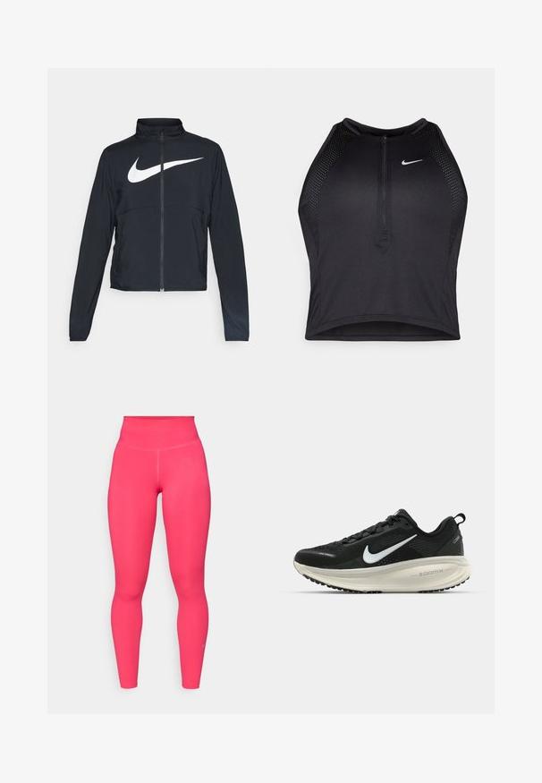 Melnā sporta jaka ar pilnu rāvējslēdzēju, augstu apkakli, garām piedurknēm un lielu baltu Nike swoosh logotipu krūšu daļā.; Melnā sportiskā augšdaļa ar rāvējslēdzēju priekšpusē, acs akcenti un pieguloša dizaina. Izgatavota no elastīga, elpojoša auduma. Nike logo priekšpusē.; Pieguļoši legingi spilgti rozā krāsā. Izgatavoti no гладко, elastīga auduma ar augstu jostasvietu. Iekļauj nelielu logotipu apakšējā kājas daļā.; Melnas Nike skriešanas kurpes ar elpojošu acs augšdaļu, baltu Swoosh logotipu, strukturētu apdari un krēmkrāsas ZoomX starpsole.