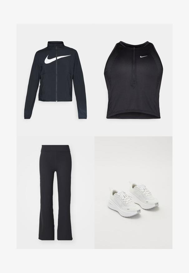Čierna športová bunda na zips s vysokým golierom, dlhými rukávmi a veľkým bielym logom Nike na hrudi.; Čierny športový crop top so zipsom vpredu, sieťovými prvkami a priliehavým strihom. Vyrobený z pružného, priedušného materiálu. Logo Nike na prednej strane.; Čierne rozširujúce nohavice vyrobené z elastického materiálu s vysokým pásom. Majú čisté línie a hladkú textúru, vhodné na bežné nosenie.; Biele športové topánky s textúrovaným sieťovým zvrškom, polstrovanou podrážkou a jemnými šedými akcentmi. Obsahujú branding a slučkovú pätku pre jednoduché obúvanie.