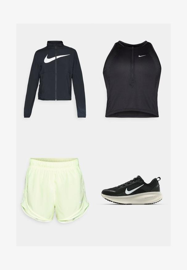 Jachetă sport neagră cu fermoar pe toată lungimea, guler înalt, mâneci lungi și un logo mare alb Nike swoosh pe piept.; Top sportiv black, cu croială scurtă, cu fermoar în față, accente din plasă și un design ajustat. Fabricat dintr-un material elastic și respirabil. Logo-ul Nike pe față.; Shorts sportivi verde deschis, cu talie elastică, panouri laterale din plasă și un mic logo alb în colțul din stânga jos.; Pantofii de alergare negri de la Nike, cu parte superioară din plasă respirabilă, logo-ul alb Swoosh, detalii texturate și o talpă intermediară ZoomX de culoare crem.