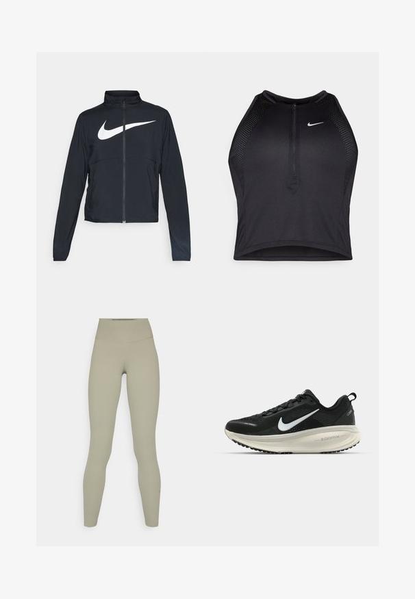 Casaco desportivo preto com fecho éclair completo, gola alta, mangas longas e grande logótipo branco da Nike na parte frontal.; Top cropped atlético preto com fecho à frente, acentos em malha e um design ajustado. Feito de tecido elástico e respirável. Logótipo da Nike na frente.; Leggings de cintura alta e ajustados em um tecido verde-oliva suave e discreto, com uma textura lisa e sem padrões visíveis ou detalhes de metal.; Sapatilha de corrida Nike preta com parte superior de malha respirável, logotipo Swoosh branco, detalhes texturizados e uma entressola ZoomX na cor creme.