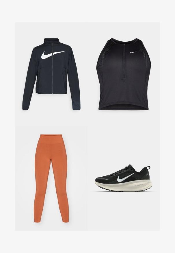 Czarna bluza sportowa na zamek błyskawiczny z wysokim kołnierzem, długimi rękawami i dużym białym logo Nike na klatce piersiowej.; Czarny sportowy crop top z zamkiem z przodu, z siateczkowymi akcentami i dopasowanym krojem. Wykonany z elastycznego, oddychającego materiału. Logo Nike z przodu.; Pomarańczowe legginsy wysokiej talii wykonane z miękkiego, elastycznego materiału. Gładka tekstura z dopasowanym krojem, bezszwowa konstrukcja i długość sięgająca kostek.; Czarna biegowa półbut z oddychającej siateczki, białym logo swoosh, teksturowanymi detalami oraz kremową podeszwą środkową ZoomX.