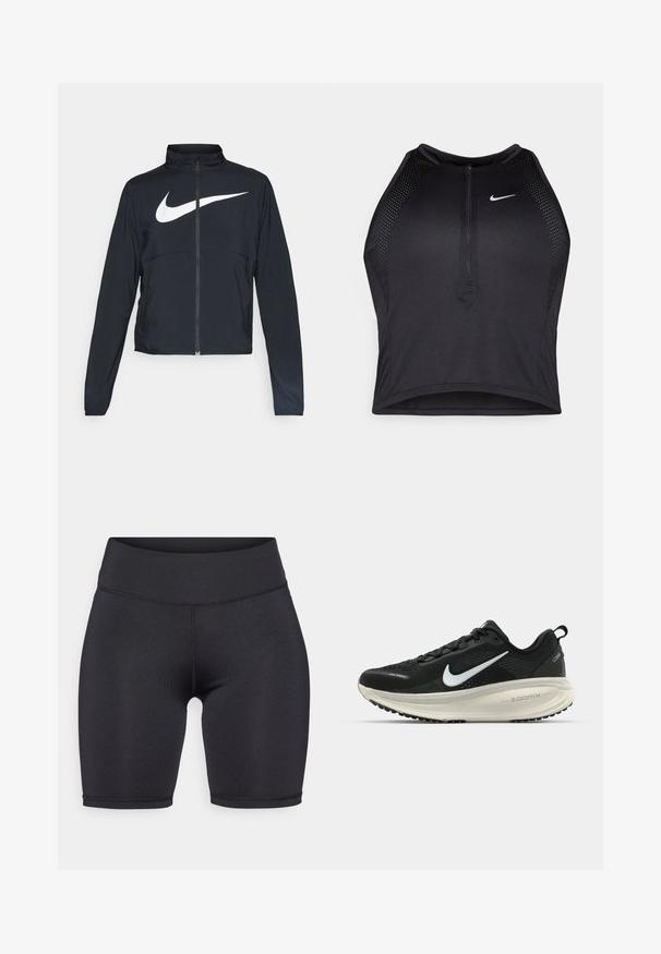 Schwarze Sportjacke mit vollem Reißverschluss, hohem Kragen, langen Ärmeln und großem weißen Nike-Swoosh-Logo auf der Brust.; Schwarzes sportliches Crop-Top mit Reißverschluss vorne, Netz-Akzenten und figurnaher Passform. Hergestellt aus dehnbarem, atmungsaktivem Material. Nike-Logo auf der Vorderseite.; ONLY Play ONPJAM JIMBO TRAIN SHORTS - Tights - black; Schwarzer Nike-Laufschuh mit atmungsaktivem Mesh-Obermaterial, weißem Swoosh-Logo, strukturierten Details und einer cremefarbenen ZoomX-Zwischensohle.