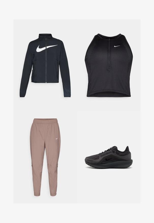 Zwarte sportjas met volledige rits, hoge kraag, lange mouwen en groot wit Nike swoosh-logo op de borst.; Zwarte atletische crop top met een rits aan de voorkant, mesh accenten en een aansluitend ontwerp. Gemaakt van rekbare, ademende stof. Nike-logo aan de voorkant.; Lichtbruine, taps toelopende sportbroek met een elastische tailleband en een klein wit Nike-logo. Gladde textuur, geen zichtbare patronen of hardware.; Zwarte sportieve schoen met een gewatteerde bovenkant, textuuraccenten en een gevoerde zool. Heeft een opvallend Nike-logo en een duurzame buitenzool.
