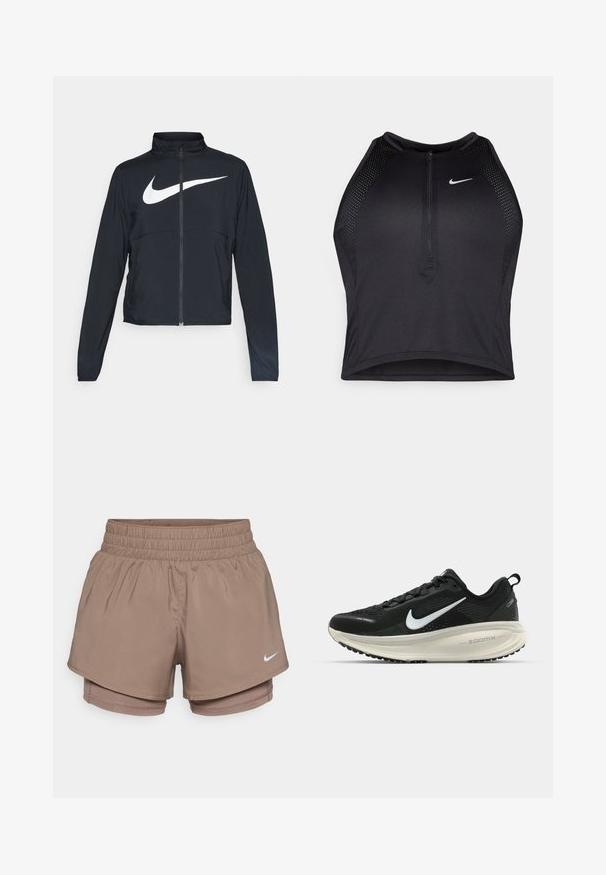 Casaco desportivo preto com fecho éclair completo, gola alta, mangas longas e grande logótipo branco da Nike na parte frontal.; Top cropped atlético preto com fecho à frente, acentos em malha e um design ajustado. Feito de tecido elástico e respirável. Logótipo da Nike na frente.; Os calções de desporto da Nike apresentam um tecido leve e elástico na cor castanha, com uma cintura elástica e calções internos incorporados. Pequeno logo branco na frente.; Sapatilha de corrida Nike preta com parte superior de malha respirável, logotipo Swoosh branco, detalhes texturizados e uma entressola ZoomX na cor creme.