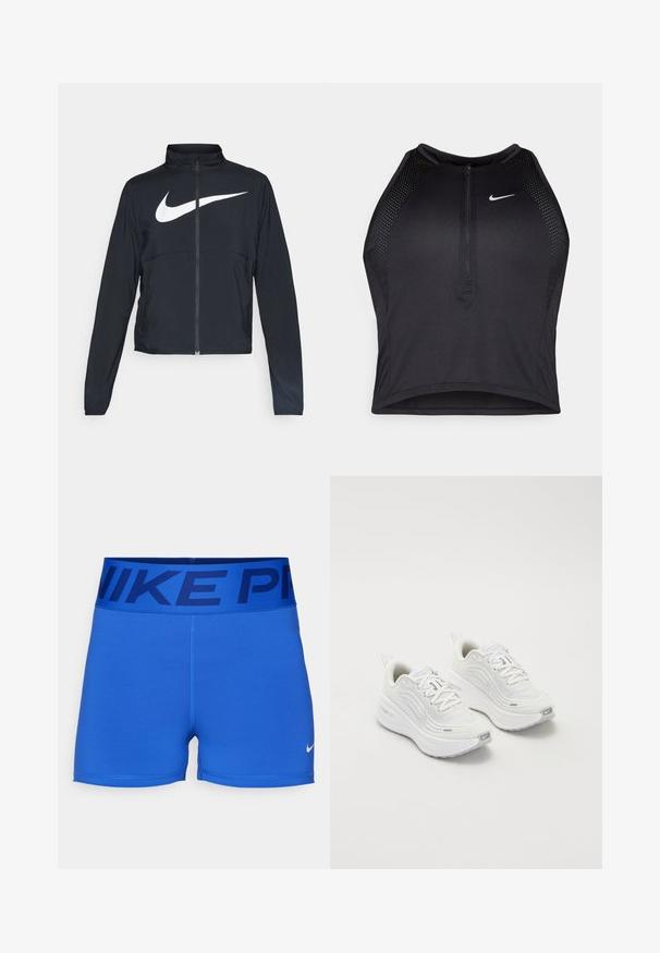 Chaqueta deportiva negra de cremallera completa con cuello alto, mangas largas y gran logo de Nike en blanco en el pecho.; Top corto deportivo negro con cremallera frontal, detalles de malla y un diseño ajustado. Fabricado con tejido elástico y transpirable. Logo de Nike en la parte frontal.; Shorts deportivos azules hechos de una tela suave y elástica. Cuentan con una cinturilla ancha con "NIKE PRO" en azul oscuro y un pequeño logotipo de Nike en blanco.; Zapatillas deportivas blancas con parte superior de malla texturizada, suela acolchada y sutiles acentos grises. Incluye un logotipo y una pestaña en el talón para facilitar su uso.
