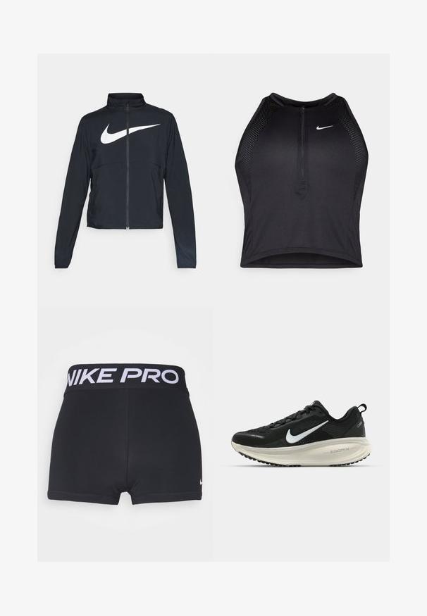 Giacca sportiva nera con zip completa, colletto alto, maniche lunghe e grande logo swoosh bianco Nike sul petto.; Top corto atletico nero con zip frontale, dettagli in rete e un design aderente. Realizzato in tessuto elasticizzato e traspirante. Logo Nike sul davanti.; Pantaloni sportivi neri con una larga vita nera con la scritta "NIKE PRO" in bianco. Il tessuto è liscio e elastico e si notano le finiture dei lembi.; Scarpa da corsa nera Nike con tomaia in rete traspirante, logo Swoosh bianco, dettagli testurizzati e intersuola ZoomX di colore crema.
