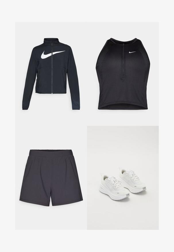 Schwarze Sportjacke mit vollem Reißverschluss, hohem Kragen, langen Ärmeln und großem weißen Nike-Swoosh-Logo auf der Brust.; Schwarzes sportliches Crop-Top mit Reißverschluss vorne, Netz-Akzenten und figurnaher Passform. Hergestellt aus dehnbarem, atmungsaktivem Material. Nike-Logo auf der Vorderseite.; Schwarze sportliche Shorts aus leichtem, elastischem Material. Mit einem elastischen Bund und einem schlichten, unauffälligen Design.; Weiße Sportschuhe mit einem strukturierten Mesh-Obermaterial, gepolsterter Sohle und dezenten grauen Akzenten. Enthält Branding und eine Schlaufe an der Ferse für einfaches Anziehen.