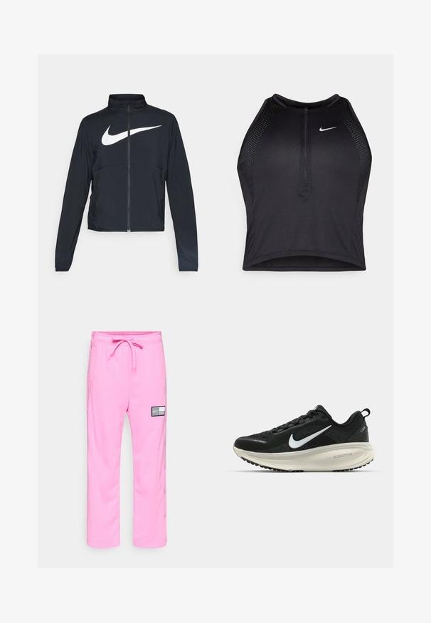 Crna sportska jakna s punim patentnim zatvaračem, visokim ovratnikom, dugim rukavima i velikim bijelim Nike swoosh logom preko grudi.; Crni sportski crop top s patentnim zatvaračem, mrežastim detaljima i prilagođenim dizajnom. Izrađen od rastezljivog, prozračnog materijala. Nike logo na prednjoj strani.; Roze Nike trenirke s elastičnim pojasom, vezicom, bočnim džepovima, gumbima na nogavicama i crno-bijelim logotipom na bedrima.; Crne Nike trkačke tenisice s prozračnom mrežastom gornjom konstrukcijom, bijelim swoosh logotipom, teksturiranim detaljima i kremastom ZoomX srednjom potplatnom jedinicom.