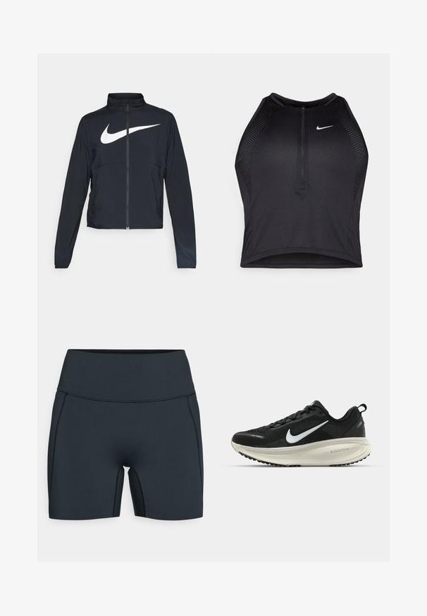 Črna športna jakna z polnim zadrgo, visokim ovratnikom, dolgimi rokavi in velikim belim logotipom Nike swoosh čez prsi.; Črn atletski kratki top z zadrgo spredaj, mrežastimi dodatki in prilegajočim dizajnom. Narejen iz raztegljivega, zračnega materiala. Logotip Nike spredaj.; Črne športne kratke hlače iz raztegljivega materiala, z visokim pasom, stranskimi šivi in elegantnim dizajnom za udobje in gibljivost.; Črne Nike tekaške čevlje z zračno mrežno zgornjim delom, belim logotipom Swoosh, teksturiranimi detajli in smetanasto barvnim srednjim delom ZoomX.