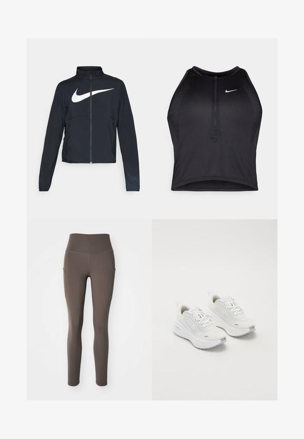 Sort fuld-zip sportsjakke med høj krave, lange ærmer og stort hvidt Nike swoosh-logo på brystet.; Sort sports crop top med lynlås foran, mesh-detaljer og en tætsiddende pasform. Lavet af strækbart, åndbart stof. Nike-logo på forsiden.; Nike Performance ONE 7/8 - Tights - ironstone; Hvide sportssko med en struktureret mesh-overdel, polstret sål og subtile grå accenter. Inkluderer branding og en løkke i hælen for nem påtagning.