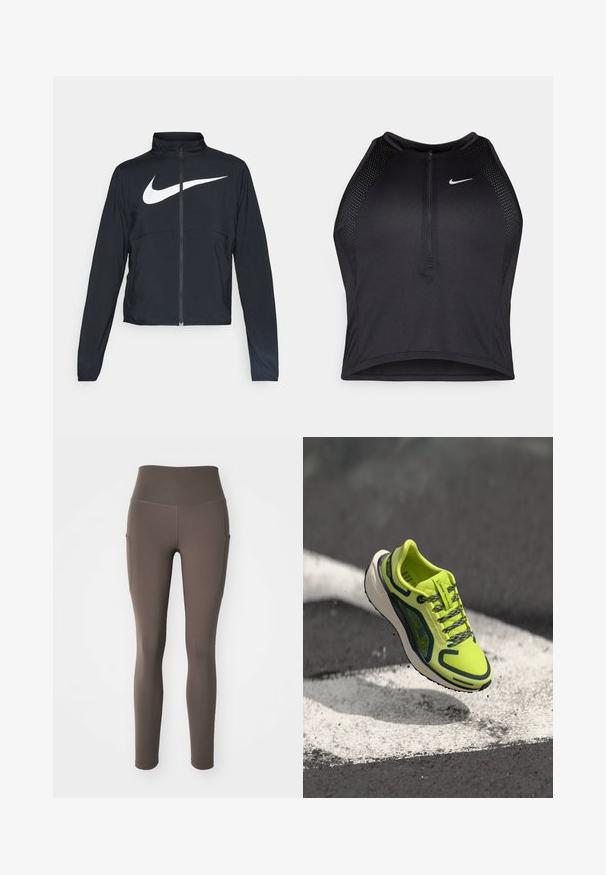 Veste de sport noire zippée sur toute la longueur avec un col haut, des manches longues et un grand logo Nike swoosh blanc sur la poitrine.; Crop top sportif noir avec fermeture éclair à l'avant, accents en mesh et design ajusté. Fabriqué en tissu extensible et respirant. Logo Nike à l'avant.; Nike Performance ONE 7/8 - Leggings - ironstone; Chaussure de course jaune néon avec une tige en mesh respirant, des accents foncés contrastants, des lacets texturés et une semelle intermédiaire blanche rembourrée.