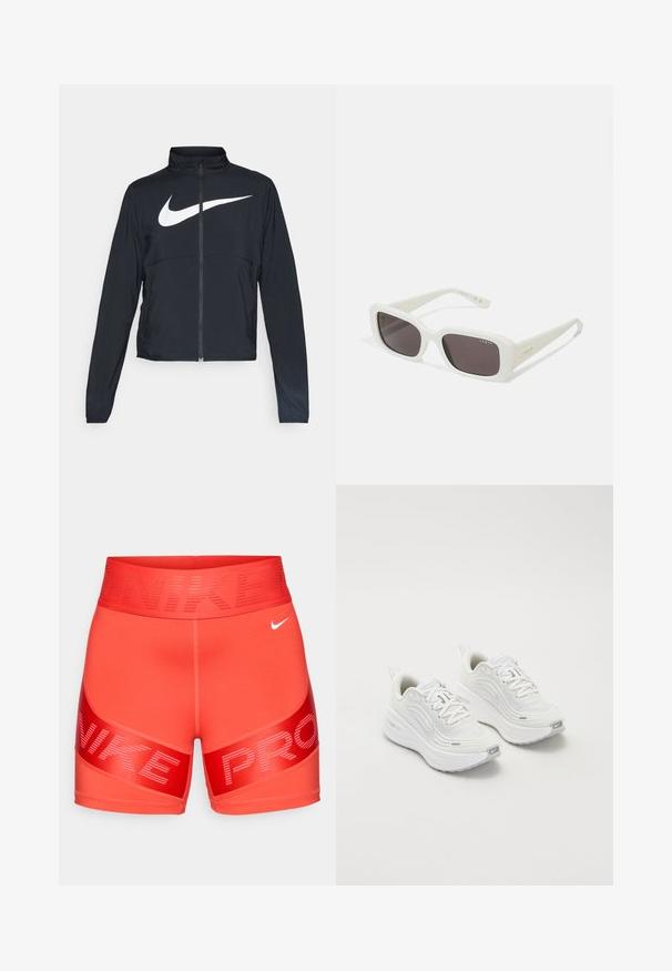 Casaco desportivo preto com fecho éclair completo, gola alta, mangas longas e grande logótipo branco da Nike na parte frontal.; Top cropped atlético preto com fecho à frente, acentos em malha e um design ajustado. Feito de tecido elástico e respirável. Logótipo da Nike na frente.; Calções de compressão Nike Pro de cor vermelha brilhante com uma cintura larga, apresentando o texto "NIKE" e um pequeno swoosh branco da Nike no lado direito da frente.; Tênis atléticos brancos com um cabedal de malha texturizada, sola acolchoada e discretos detalhes em cinza. Inclui logótipo e aba de calcanhar em laço para facilitar o calçar.; VOGUE Eyewear Óculos de sol - full ivory/black smoke