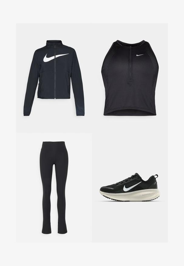 Veste de sport noire zippée sur toute la longueur avec un col haut, des manches longues et un grand logo Nike swoosh blanc sur la poitrine.; Crop top sportif noir avec fermeture éclair à l'avant, accents en mesh et design ajusté. Fabriqué en tissu extensible et respirant. Logo Nike à l'avant.; Nike Performance ONE SPLIT HEM - Leggings - black; Baskets de course noir Nike avec tige respirante en mesh, logo swoosh blanc, détails texturés et semelle intermédiaire ZoomX de couleur crème.