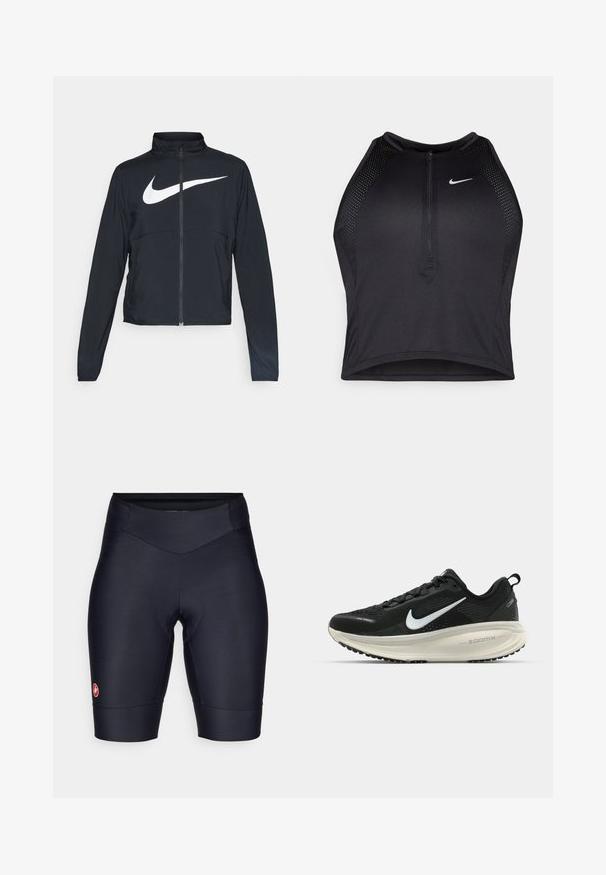 Černá sportovní bunda na zip s vysokým límcem, dlouhými rukávy a velkým bílým logem Nike swoosh přes prsa.; Černý sportovní crop top se zipem vpředu, síťovými detaily a přiléhavým střihem. Vyrobený z elastického, prodyšného materiálu. Logo Nike na přední straně.; Černé cyklistické šortky vyrobené z elastického, hladkého materiálu. Obsahují polstrovanou vložku z chamois a malé značené logo na levé nohavici.; Černá běžecká obuv Nike s prodyšným síťovaným svrškem, bílým logem swoosh, texturovanými detaily a krémovou mezipodešví ZoomX.