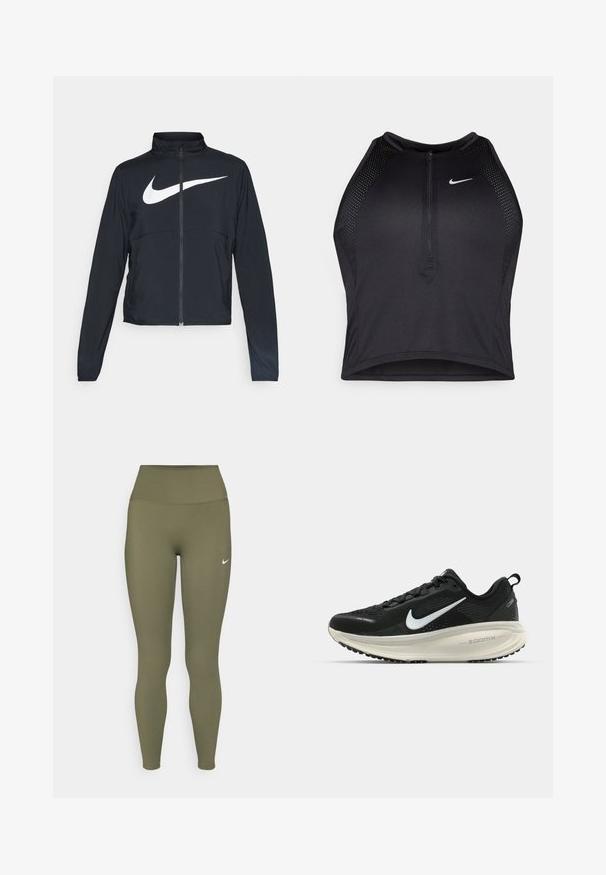 Črna športna jakna z polnim zadrgo, visokim ovratnikom, dolgimi rokavi in velikim belim logotipom Nike swoosh čez prsi.; Črn atletski kratki top z zadrgo spredaj, mrežastimi dodatki in prilegajočim dizajnom. Narejen iz raztegljivega, zračnega materiala. Logotip Nike spredaj.; Olivno zeleni leggingi z visokim pasom, izdelani iz gladkega, elastičnega materiala, z majhnim belim logotipom blizu pasu.; Črne Nike tekaške čevlje z zračno mrežno zgornjim delom, belim logotipom Swoosh, teksturiranimi detajli in smetanasto barvnim srednjim delom ZoomX.