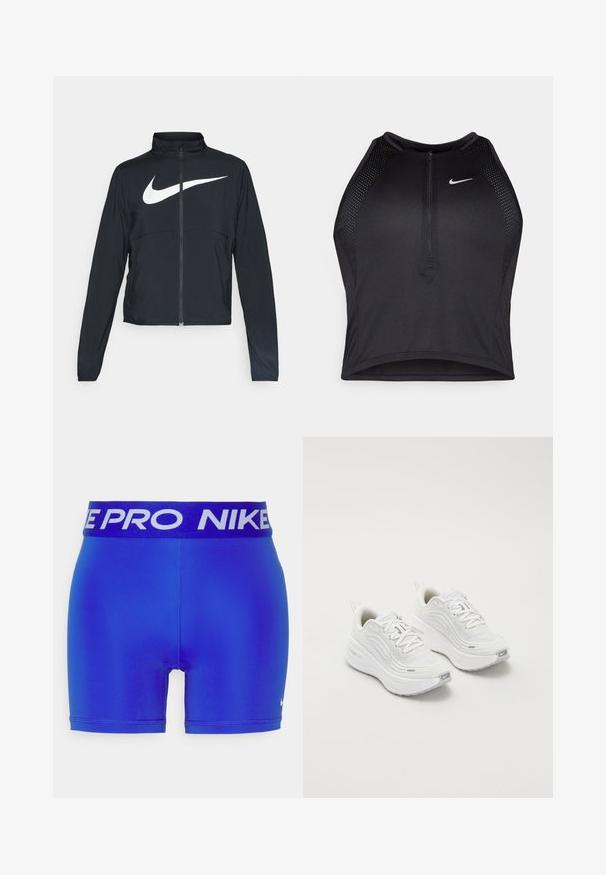 Črna športna jakna z polnim zadrgo, visokim ovratnikom, dolgimi rokavi in velikim belim logotipom Nike swoosh čez prsi.; Črn atletski kratki top z zadrgo spredaj, mrežastimi dodatki in prilegajočim dizajnom. Narejen iz raztegljivega, zračnega materiala. Logotip Nike spredaj.; Modre atletske kratke hlače z črnim elastičnim pasom, na katerem je v belem napisan "NIKE PRO". Gladka tekstura in prilegajoč dizajn.; Bele športne čevlje z teksturirano mrežasto zgornjico, oblazinjeno podplatom in subtilnimi sivimi detajli. Vključujejo blagovno znamko in zanko na peti za enostavno obuvanje.
