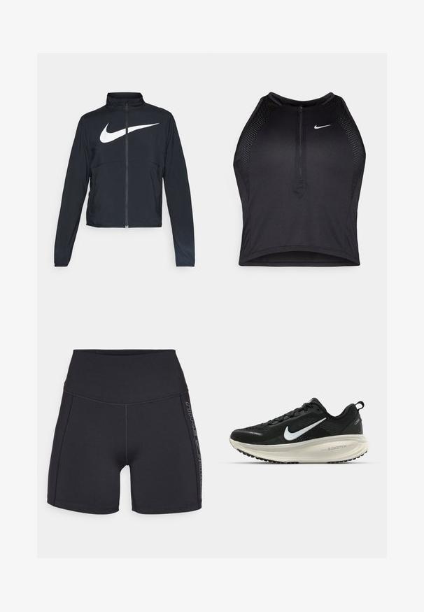 Giacca sportiva nera con zip completa, colletto alto, maniche lunghe e grande logo swoosh bianco Nike sul petto.; Top corto atletico nero con zip frontale, dettagli in rete e un design aderente. Realizzato in tessuto elasticizzato e traspirante. Logo Nike sul davanti.; Pantaloni sportivi neri realizzati in materiale elastico, caratterizzati da una vita alta e cuciture flatlock. Il dettaglio laterale include il marchio in un colore a contrasto.; Scarpa da corsa nera Nike con tomaia in rete traspirante, logo Swoosh bianco, dettagli testurizzati e intersuola ZoomX di colore crema.