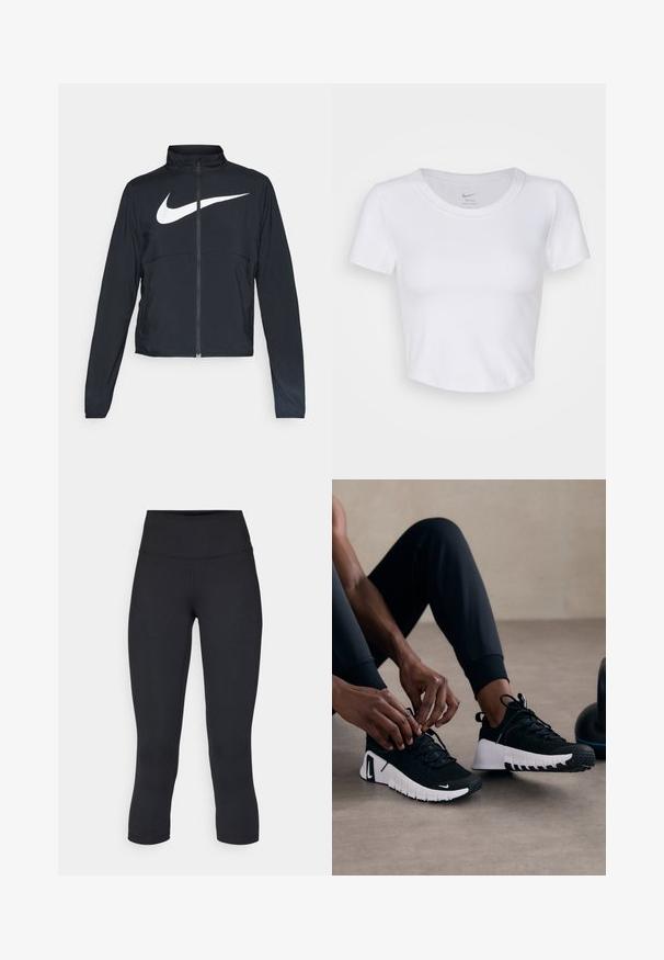 Fekete, teljes cipzáros sportdzseki magas gallérral, hosszú ujjal, amelyen egy nagy, fehér Nike logó található a mellkason.; Fehér, rövid ujjú crop top sima, szintetikus anyagból. Kerek nyakkivágással rendelkezik, és a nyakpántban a Nike logó található.; Fekete, rövidített leggings elasztikus anyagból, magas derékkal és sima textúrával, látható minták vagy fémalkatrészek nélkül.; Fekete sportcipők texturált fekete felsőrésszel, fehér talppal és gumis bördöcökkel. A fűzők meg vannak kötve, mutatva a letisztult dizájnt és a logót.
