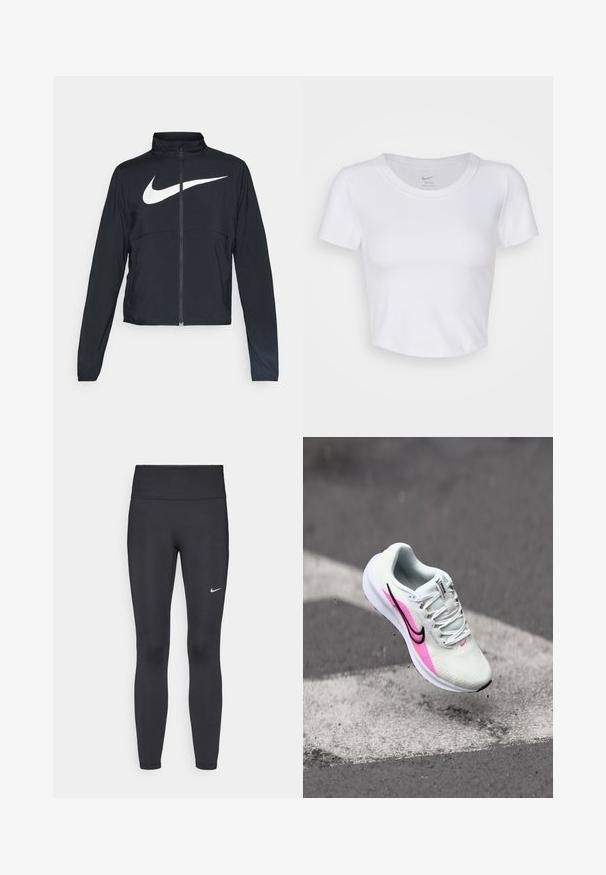 Black full-zip sports jacket with high collar, long sleeves, and large white Nike swoosh logo across the chest.; White, short-sleeved crop top made of smooth, synthetic material. Features a round neckline and Nike logo inside the collar.; Black leggings made of stretchy fabric, featuring a high waistband and a white Nike logo on the left thigh. Smooth texture, form-fitting design.; Lightweight running shoe in white mesh, featuring pink and black accents, raised heel, and textured sole, positioned mid-air above pavement.