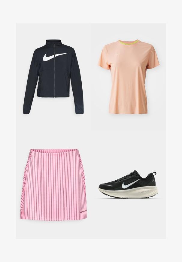 Fekete, teljes cipzáros sportdzseki magas gallérral, hosszú ujjal, amelyen egy nagy, fehér Nike logó található a mellkason.; Őszibarack színű, rövid ujjú sport póló, slim fit fazonban, kerek nyakkivágással, és világoszöld belső gallérral. Kisméretű fehér logóval rendelkezik.; Rózsaszín mini szoknya függőleges piros csíkokkal. Sima textúrájú, testhez simuló fazonnal, a jobb alsó szegéllyel pedig egy kis márka logóval.; Fekete Nike futócipő légáteresztő hálós felsőrésszel, fehér Swoosh logóval, textúrázott részletekkel és krém színű ZoomX középtalppal.