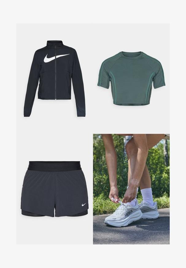 Svart joggebund med hel glidelås, høy krage, lange ermer og stort hvitt Nike swoosh-logo over brystet.; Crop top laget av mørkegrønt stoff med korte ermer, kontrasterende lysgrønn søm, og rund hals med en tettsittende design.; Sorte treningshorts med elastisk midjebånd, med lagdelt design og liten hvit Nike-logo på nederste venstre side. Lett materiale.; Lysegrå HOKA joggesko med teksturert mesh-overdel, tykk hvit såle og reflekterende detaljer. Snøringen blir bundet av en hånd.