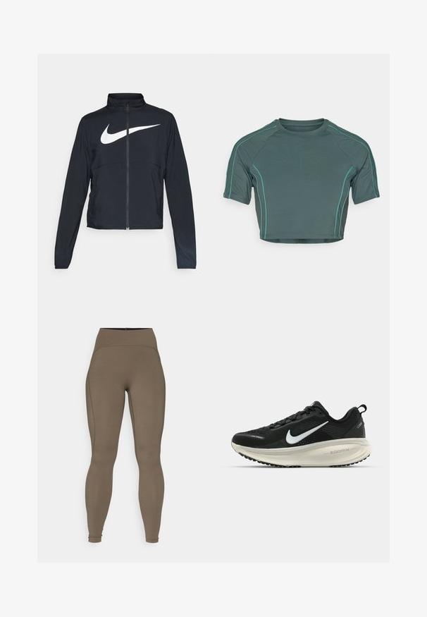Juodas sportinis džemperis su visiškai užtraukiama užtrauktuku, aukšta apykakle, ilgomis rankovėmis ir dideliu baltu Nike swoosh logotipu per krūtinę.; Tamsiai žalia medžiaga pagamintas trumpas viršus, turintis trumpas rankoves, kontrastingas šviesiai žalias siuvinėjimas ir apvalią iškirptę su prigulusia forma.; Aukšto liemens, rudos spalvos leggingai, pagaminti iš glotnios, tamprios medžiagos, su sustiprintomis siūlėmis ir prigludusia forma, puikiai tinka aktyviam dėvėjimui.; Juodas Nike sportinis batelis su kvėpuojančiu tinklu, baltu swoosh logotipu, tekstūruoto dizaino detalėmis ir grietinėlės spalvos ZoomX viduriu.