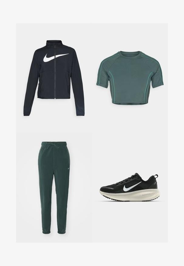 Casaco desportivo preto com fecho éclair completo, gola alta, mangas longas e grande logótipo branco da Nike na parte frontal.; Top curto feito de tecido verde escuro, com mangas curtas, costura em verde claro em contraste e com um decote redondo em design ajustado.; Calças de moletão verdes com um cós elástico ajustável, punhos elásticos e um pequeno logotipo branco na coxa esquerda.; Sapatilha de corrida Nike preta com parte superior de malha respirável, logotipo Swoosh branco, detalhes texturizados e uma entressola ZoomX na cor creme.