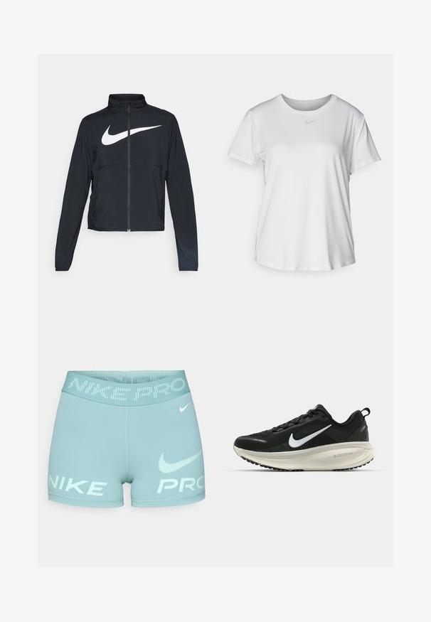 Zwarte sportjas met volledige rits, hoge kraag, lange mouwen en groot wit Nike swoosh-logo op de borst.; Witte T-shirt met korte mouwen van gladde stof, met een ronde halslijn en een klein grijs Nike-logo op de borst.; Lichtblauwe damesshorts van rekbaar materiaal, met een brede tailleband waarop de tekst en het logo "NIKE PRO" in het wit staat.; Zwarte Nike hardloopschoen met ademend mesh bovenwerk, witte swoosh-logo, gestructureerde details en een crèmekleurige ZoomX middenzool.