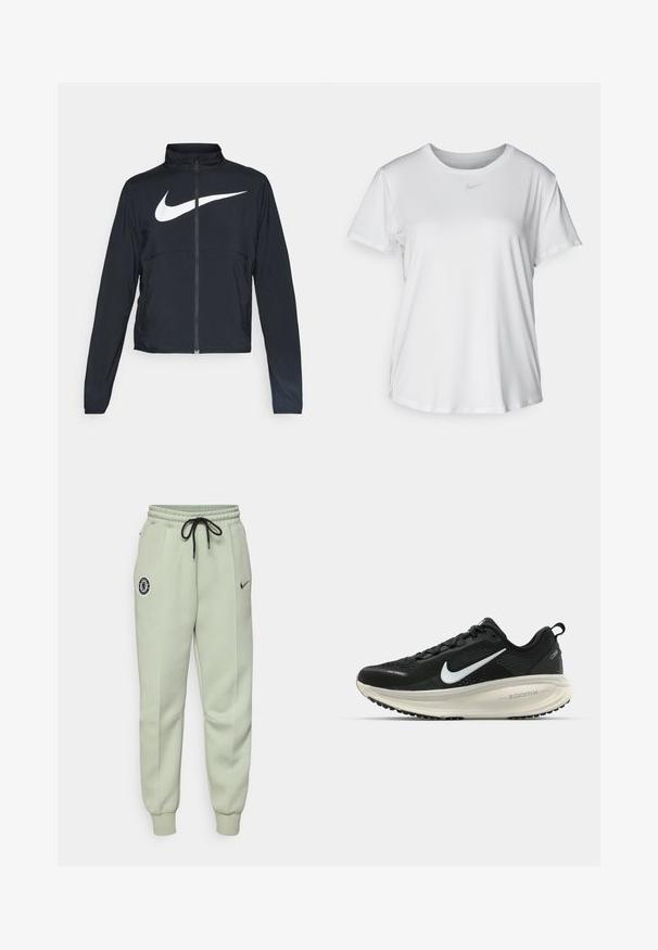 Black full-zip sports jacket with high collar, long sleeves, and large white Nike swoosh logo across the chest.; White short-sleeve T-shirt made of smooth fabric, featuring a round neckline and a small grey Nike logo on the chest.; Light green Nike sweatpants with elastic waistband, drawstring, side pockets, and a Chelsea FC logo on the left thigh.; Black Nike running shoe with breathable mesh upper, white swoosh logo, textured detailing, and a cream-colored ZoomX midsole.