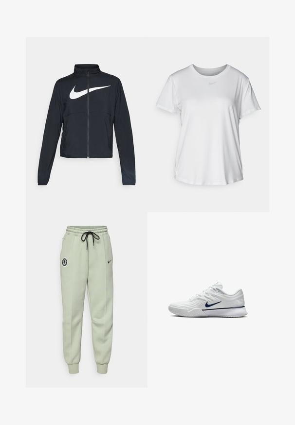 Zwarte sportjas met volledige rits, hoge kraag, lange mouwen en groot wit Nike swoosh-logo op de borst.; Witte T-shirt met korte mouwen van gladde stof, met een ronde halslijn en een klein grijs Nike-logo op de borst.; Lichtgroene Nike joggers met elastische tailleband, trekkoord, zijzakken en een Chelsea FC-logo op de linker bovenbeen.; Witte sportschoen met een gestructureerde mesh bovenkant, marineblauwe accenten en een gevoerde zool met een gemusterde grip. Veters geïntegreerd in het ontwerp.